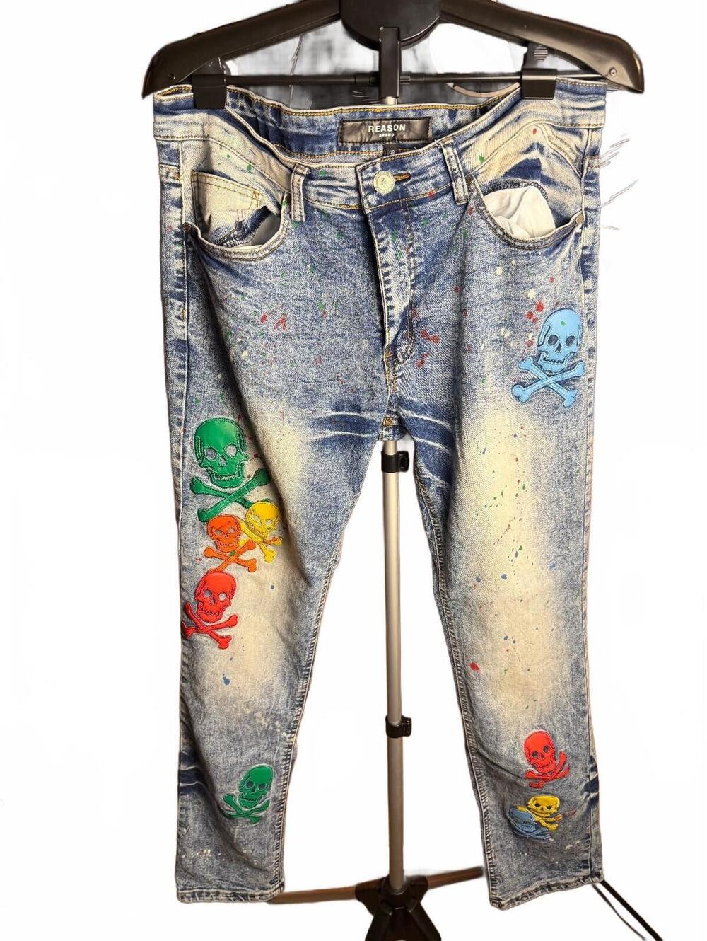 Reason brand Skull Patch Denim Jeans paint splatter rainbow sz 38